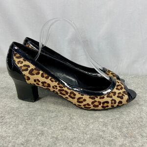 Leopard Print Peep-Toe Mid Heel Pumps - Black Trim